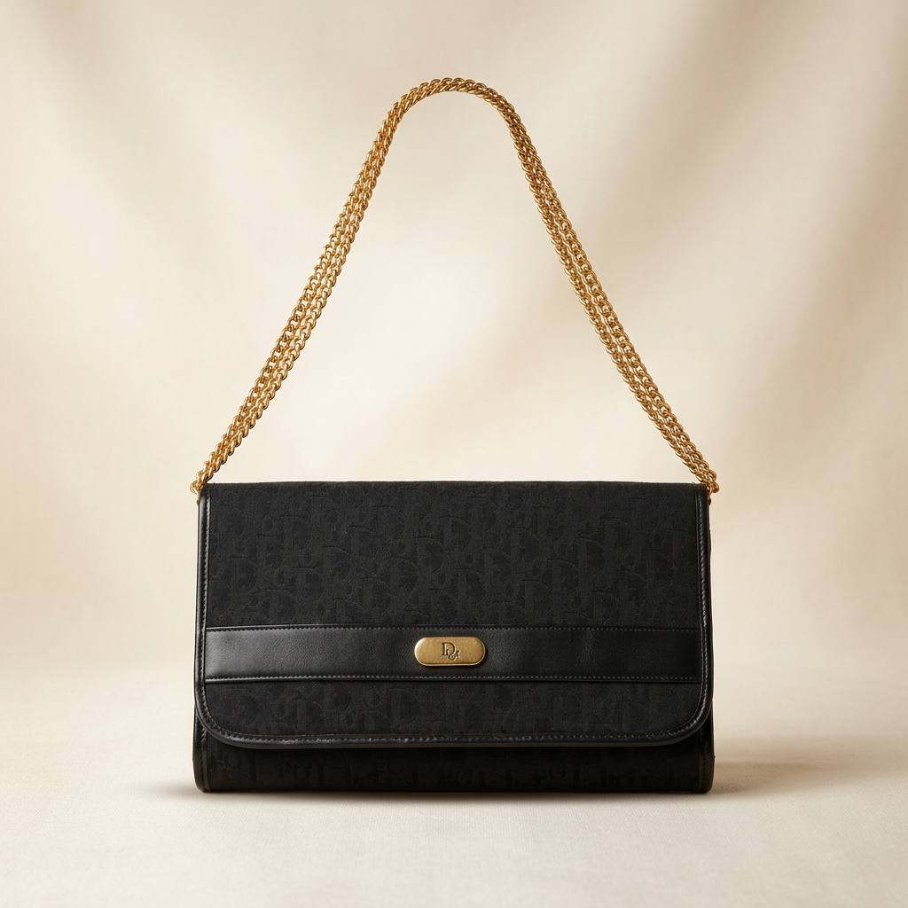 Christian Dior black oblique monogram canvas chain bag with gold-tone hardware