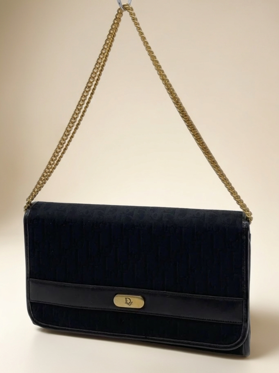 Christian Dior black monogram chain bag angled view