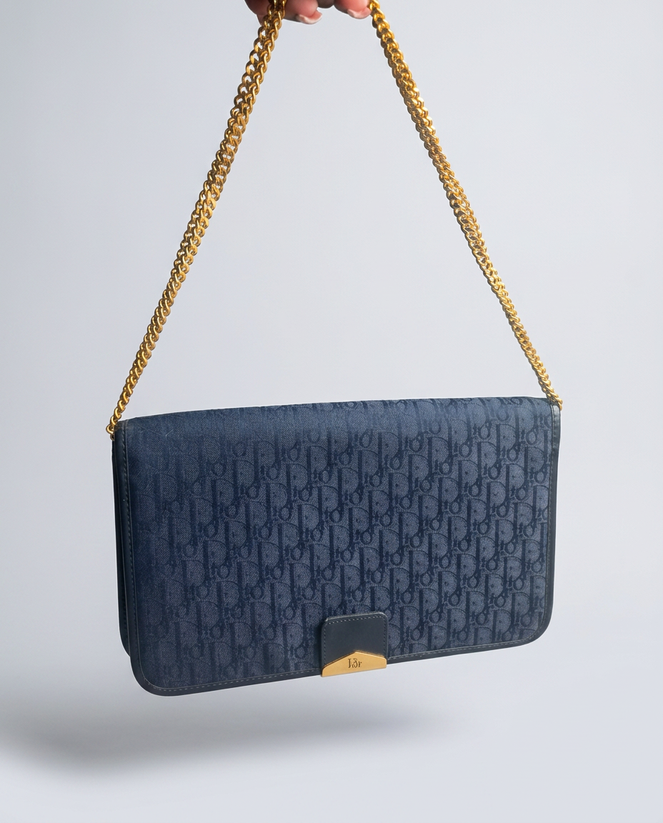 Christian Dior blue oblique monogram canvas chain bag with gold-tone hardware