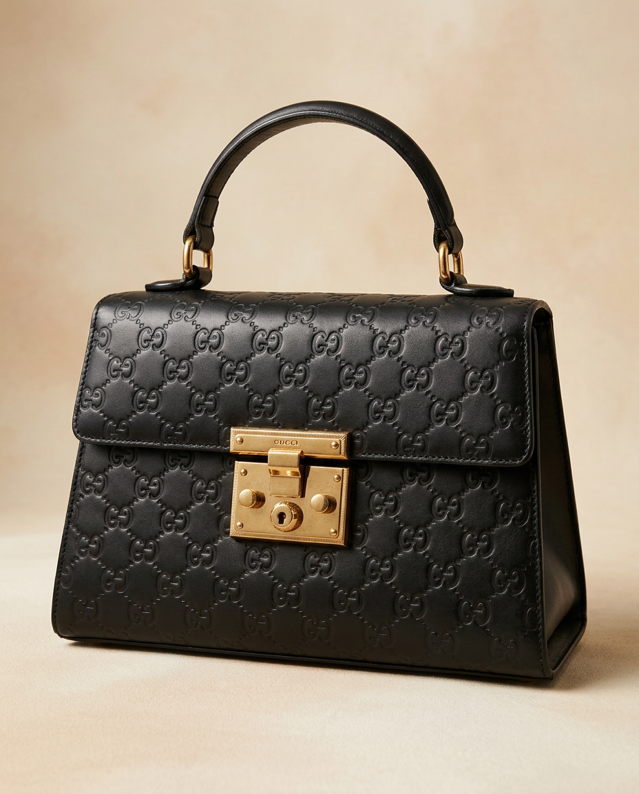 Gucci black GG embossed leather top handle bag with gold padlock closure