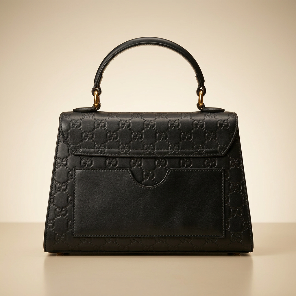 Gucci black GG embossed top handle bag rear view with slip pocket
