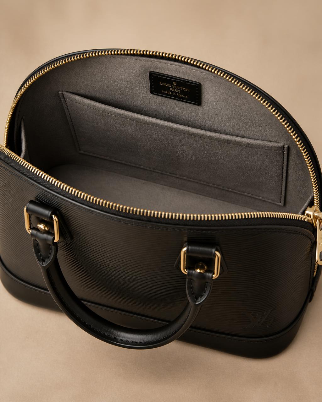 Louis Vuitton Epi Alma PM interior with gray microfiber lining