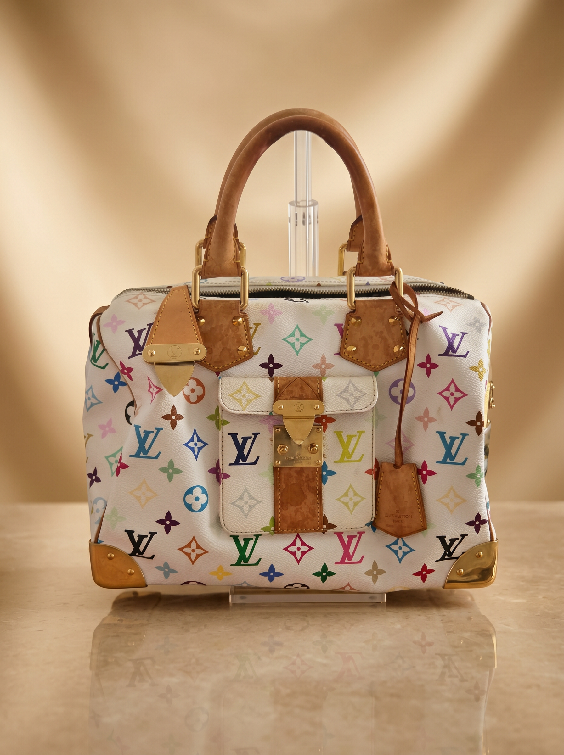 Louis Vuitton Multicolore Speedy 30 in white Murakami monogram canvas with vachetta leather trim