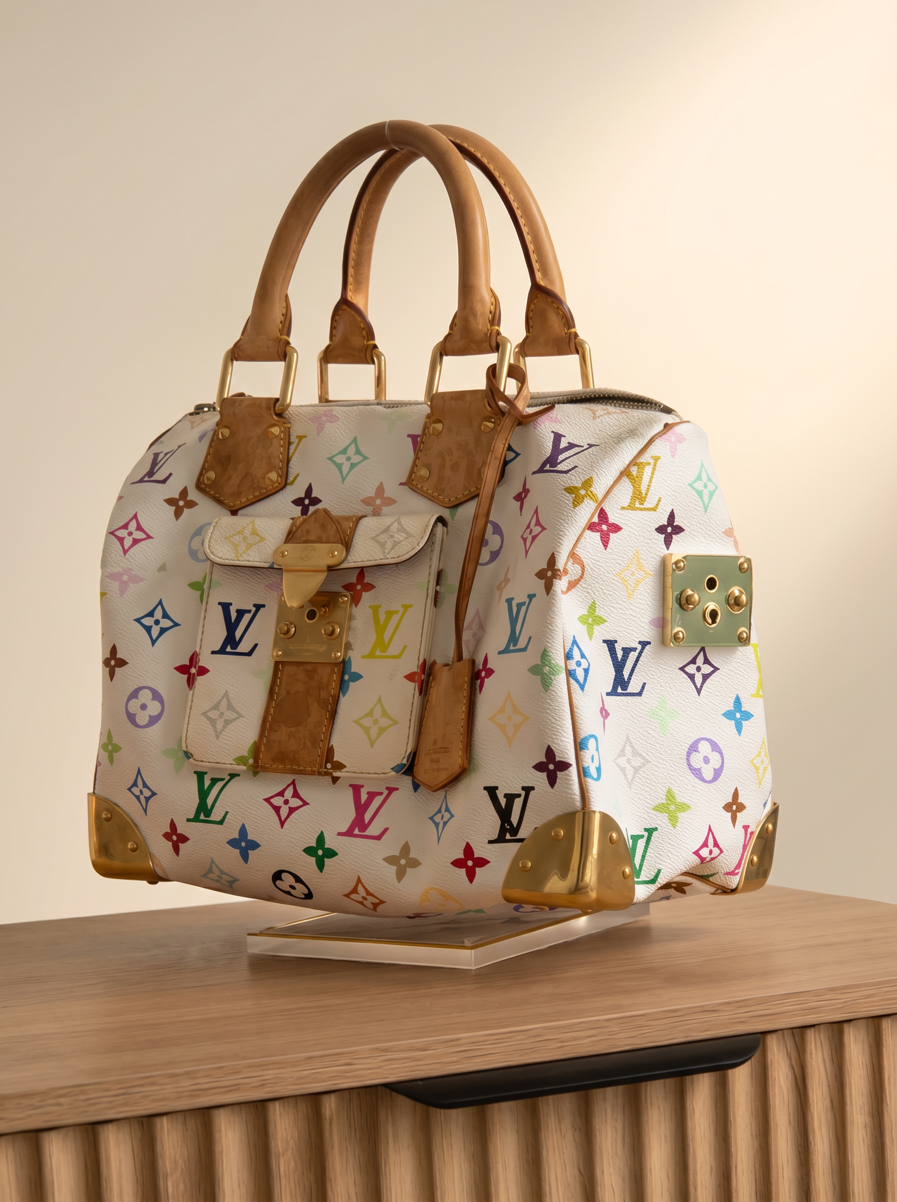 Louis Vuitton Multicolore Speedy 30 — side profile with S-lock hardware